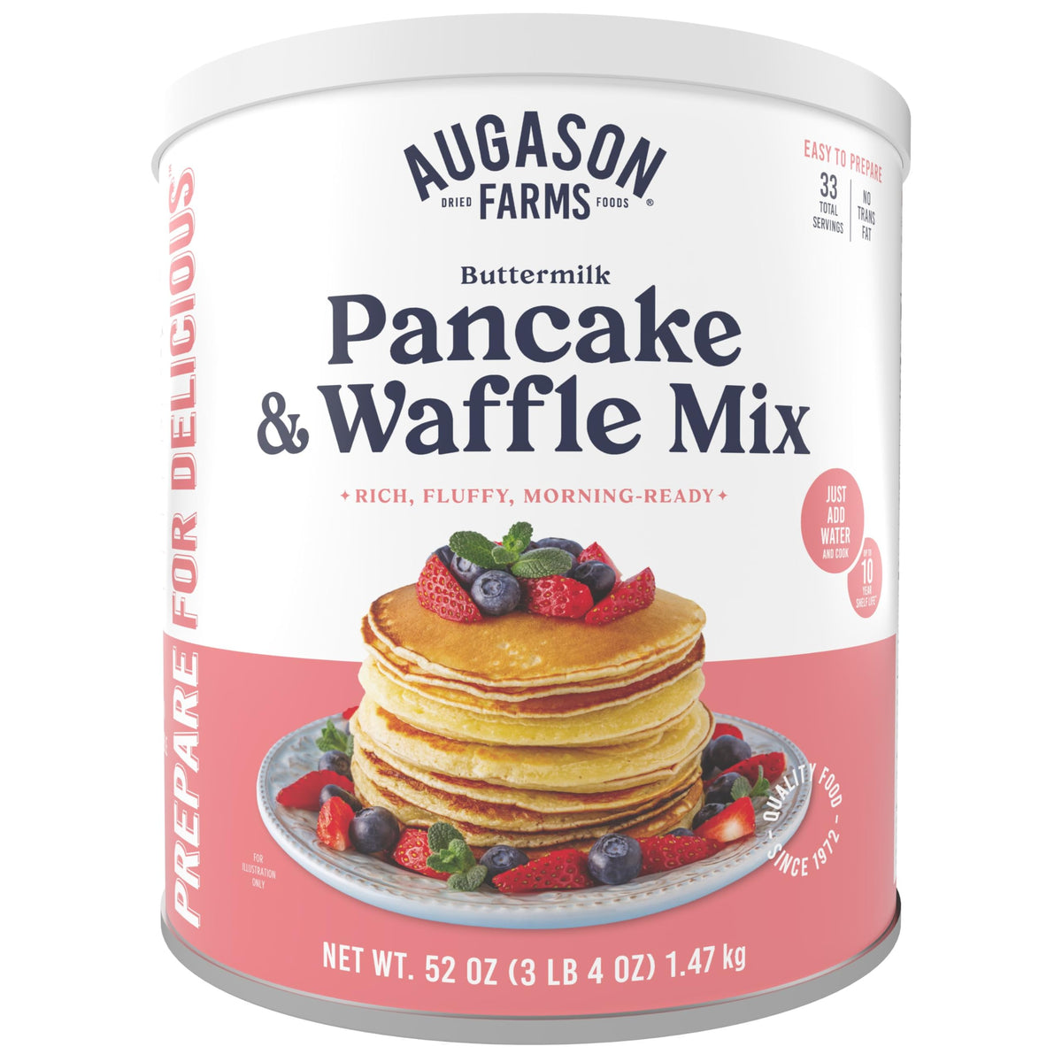 Augason Farms pancake and waffle mix jar showing long shelf life
