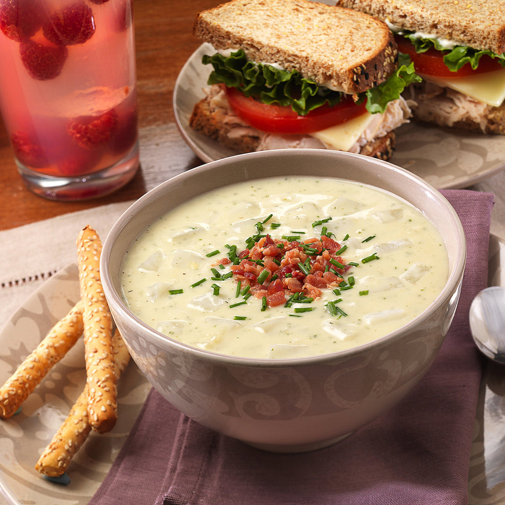 Augason Farms Potato Soup Ingredients and Nutrition graphic highlights protein, calories, and servings.