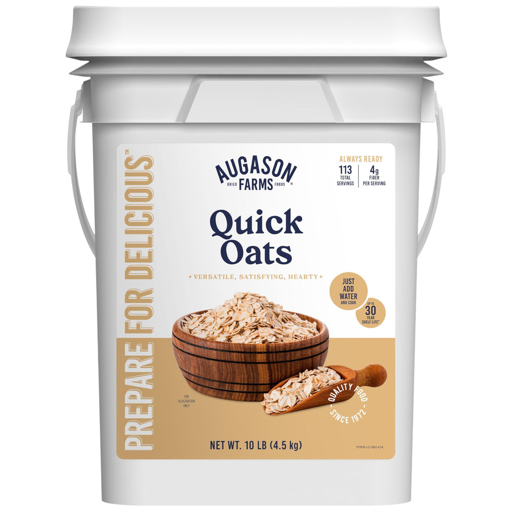 Augason Farms Quick Rolled Oats in a 4-gallon pail for long-term storage.
