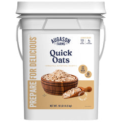 Augason Farms Quick Rolled Oats in a 4-gallon pail for long-term storage.