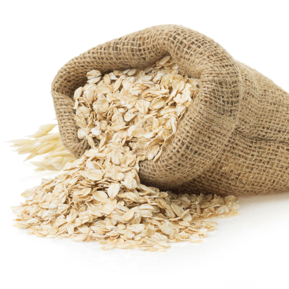 Augason Farms Quick Rolled Oats stored on a pantry shelf with other staples.