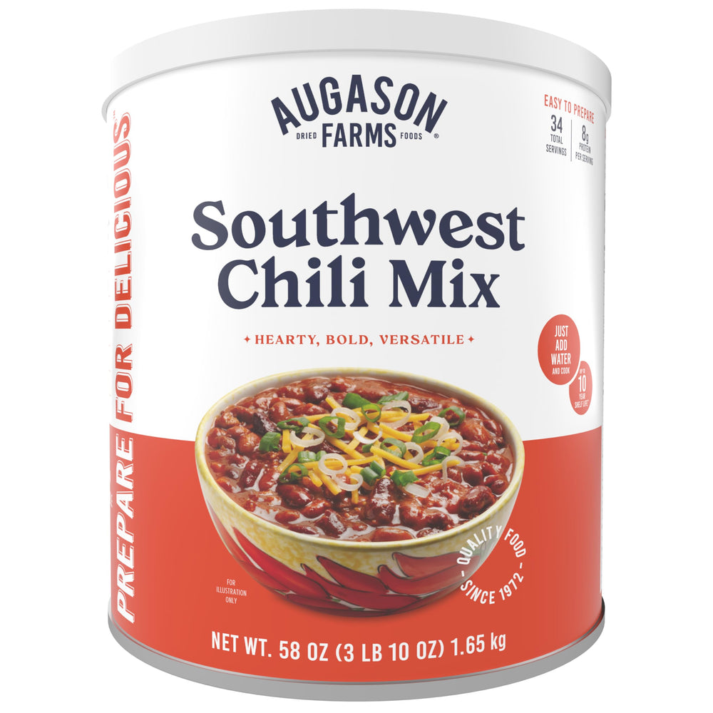 Augason Farms Southwest Chili Mix can front with shelf-stable protein