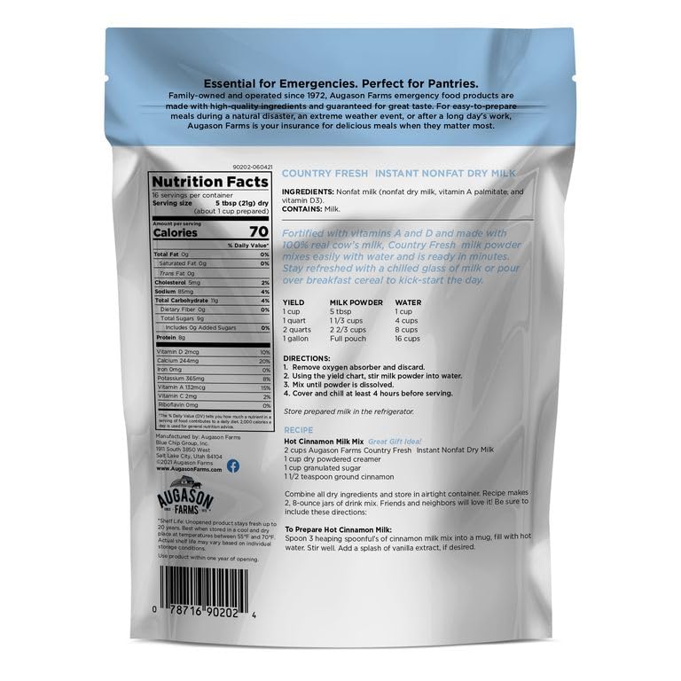Augason Farms vitamin-fortified milk powder used for baking and beverages.