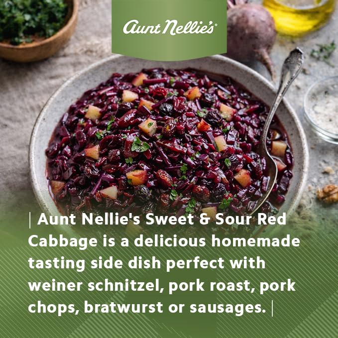 Aunt Nellie's Sweet & Sour Red Cabbage served with sausages for a versatile pairing