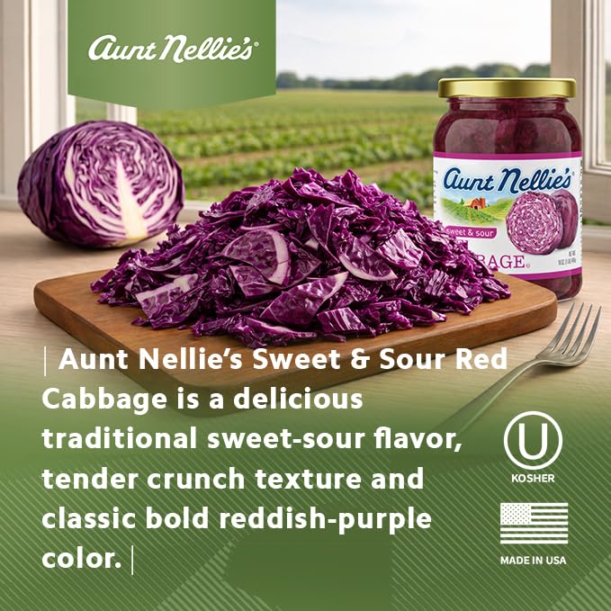Aunt Nellie's Sweet & Sour Red Cabbage taste-texture close-up showing tangy balance