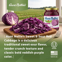 Aunt Nellie's Sweet & Sour Red Cabbage taste-texture close-up showing tangy balance