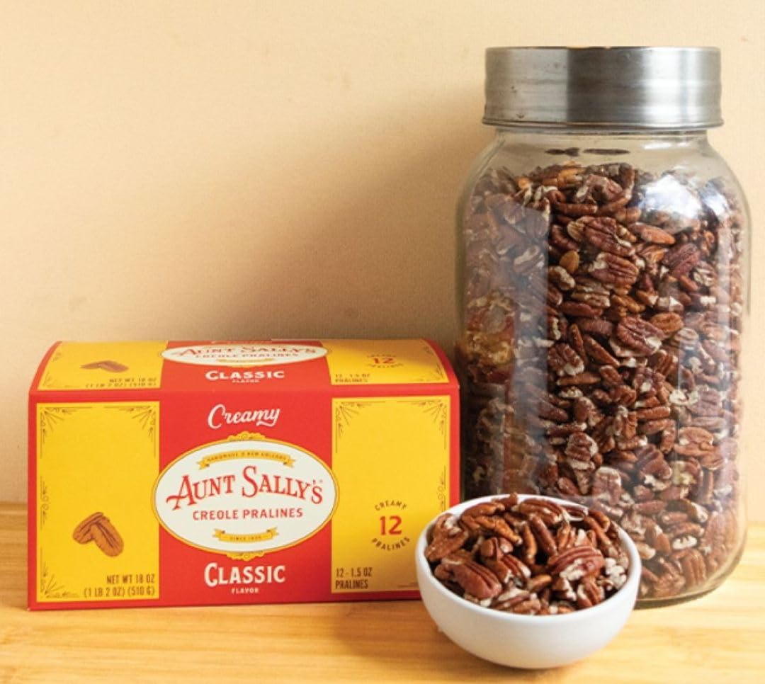 Aunt Sally's Creamy Classic Pralines close-up pecans and creamy texture.