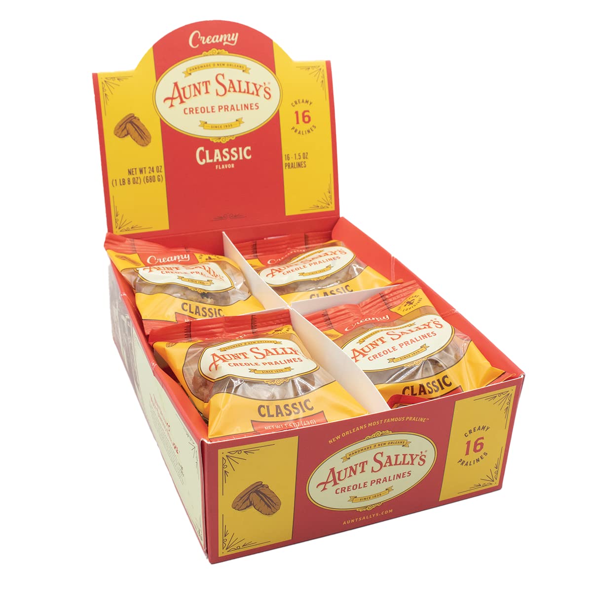 Aunt Sally's Creamy Classic Pralines box with glossy caramel and pecans, ideal for gifting.