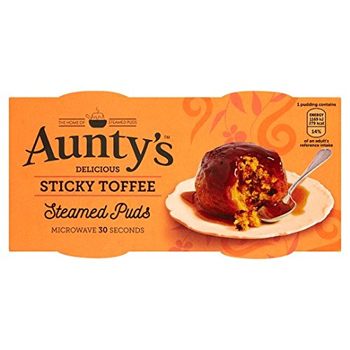 Aunty's Sticky Toffee Puddings 2x95g pack shot, ideal easy dessert option.
