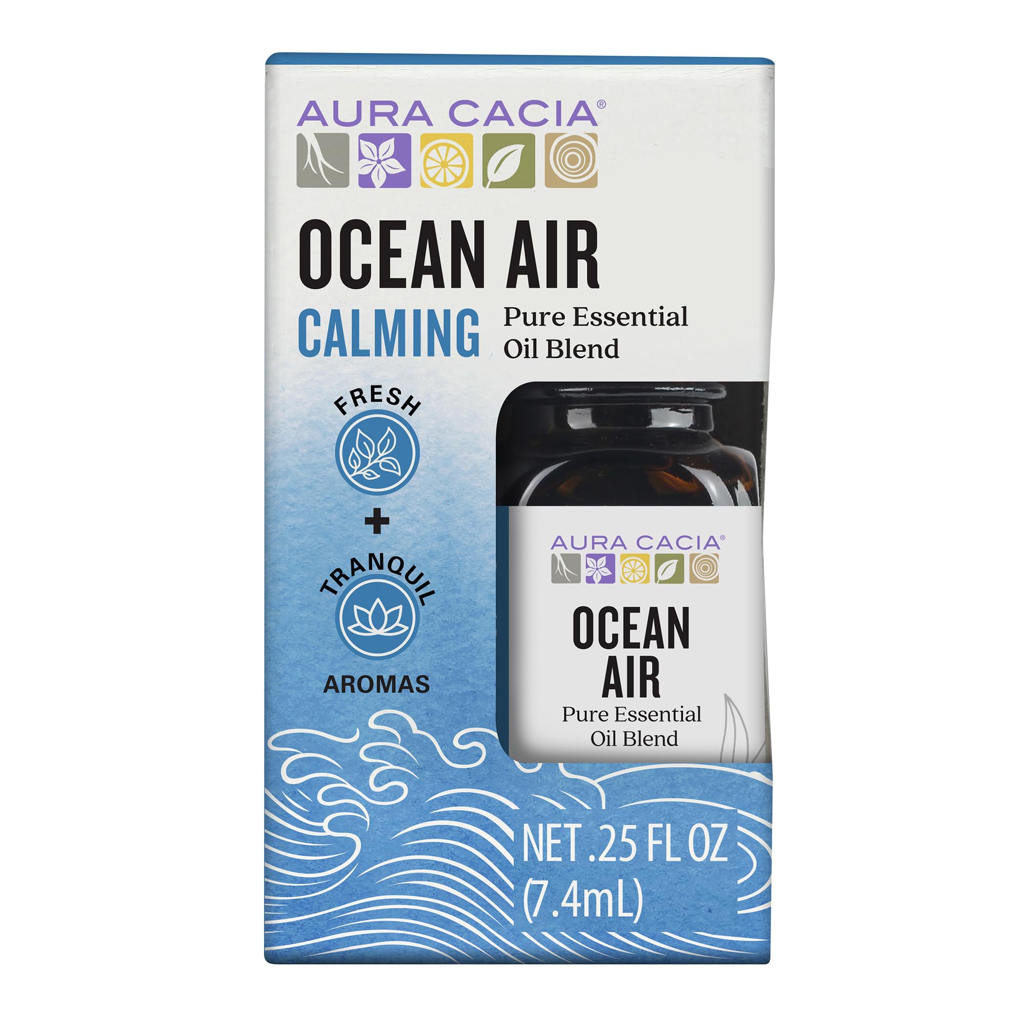 Aura Cacia Ocean Air bottle front view showing a pure, light aroma.