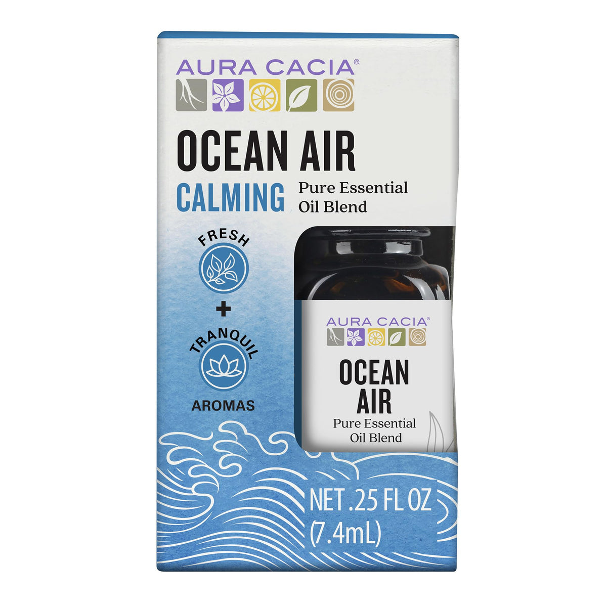 Aura Cacia Ocean Air bottle front view showing a pure, light aroma.