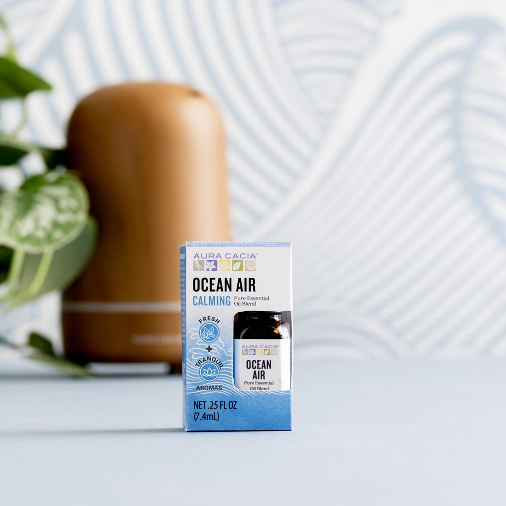 Aura Cacia Ocean Air packaging box highlighting 0.25 fl oz.