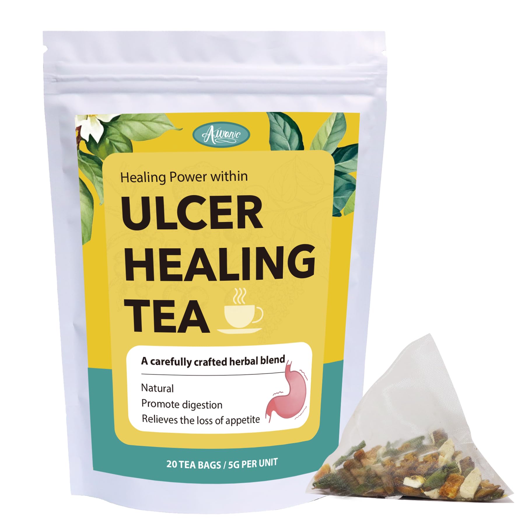 Auranic Ulcer Healing Tea packaging shown, highlighting a natural digestive aid for daily comfort.