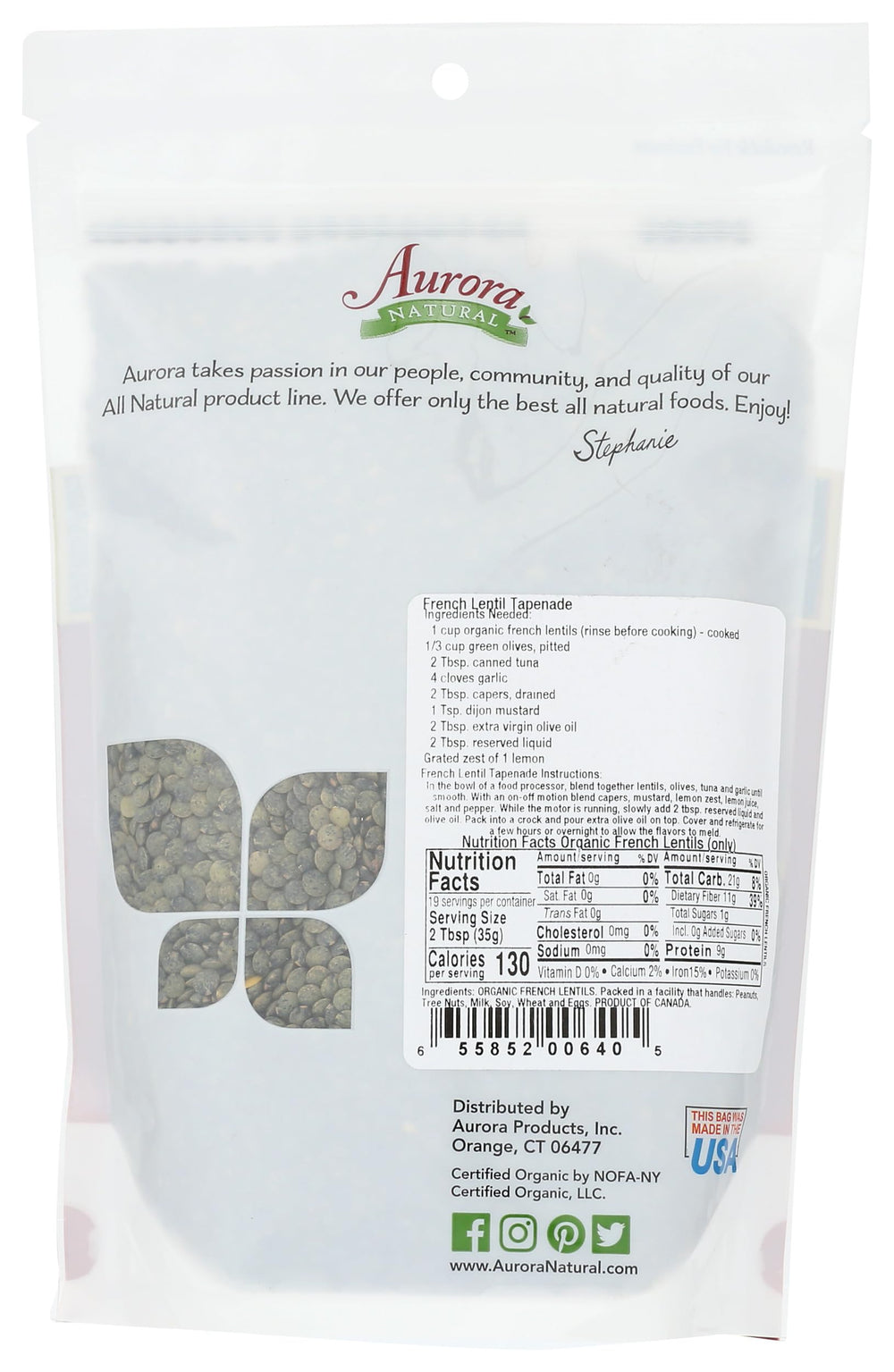 Aurora Organic French Lentils dry beans close-up, high-quality packaging.