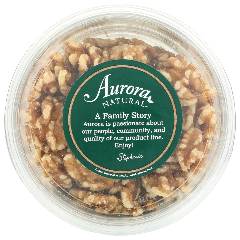 Aurora Organic Walnut Halves resealable pack; freshness preserved.