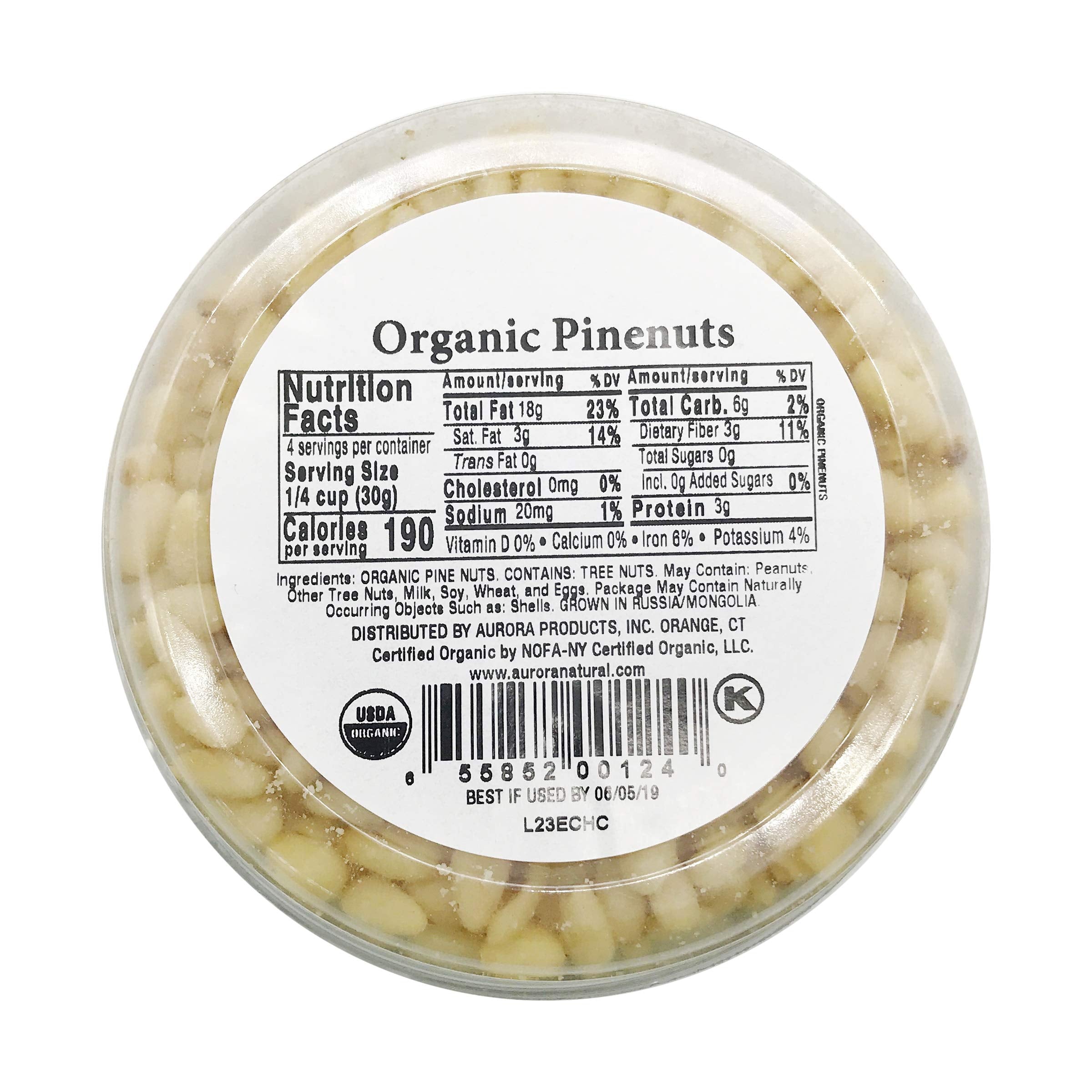 Aurora Pine Nuts packaging highlights freshness and Kosher certification.