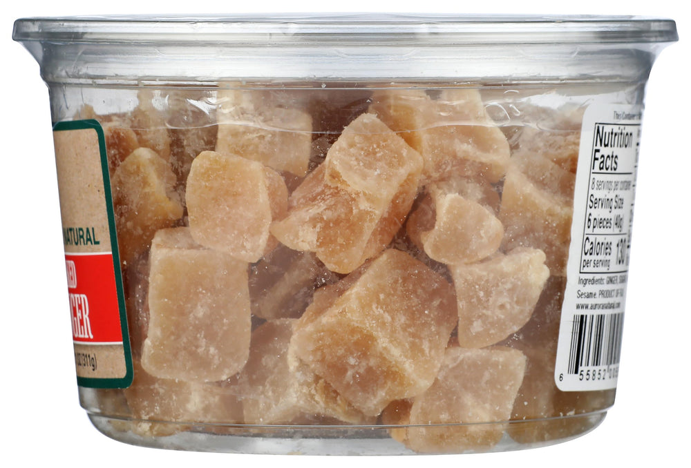 Ginger chunks with glossy coating for sweet-spicy snack.