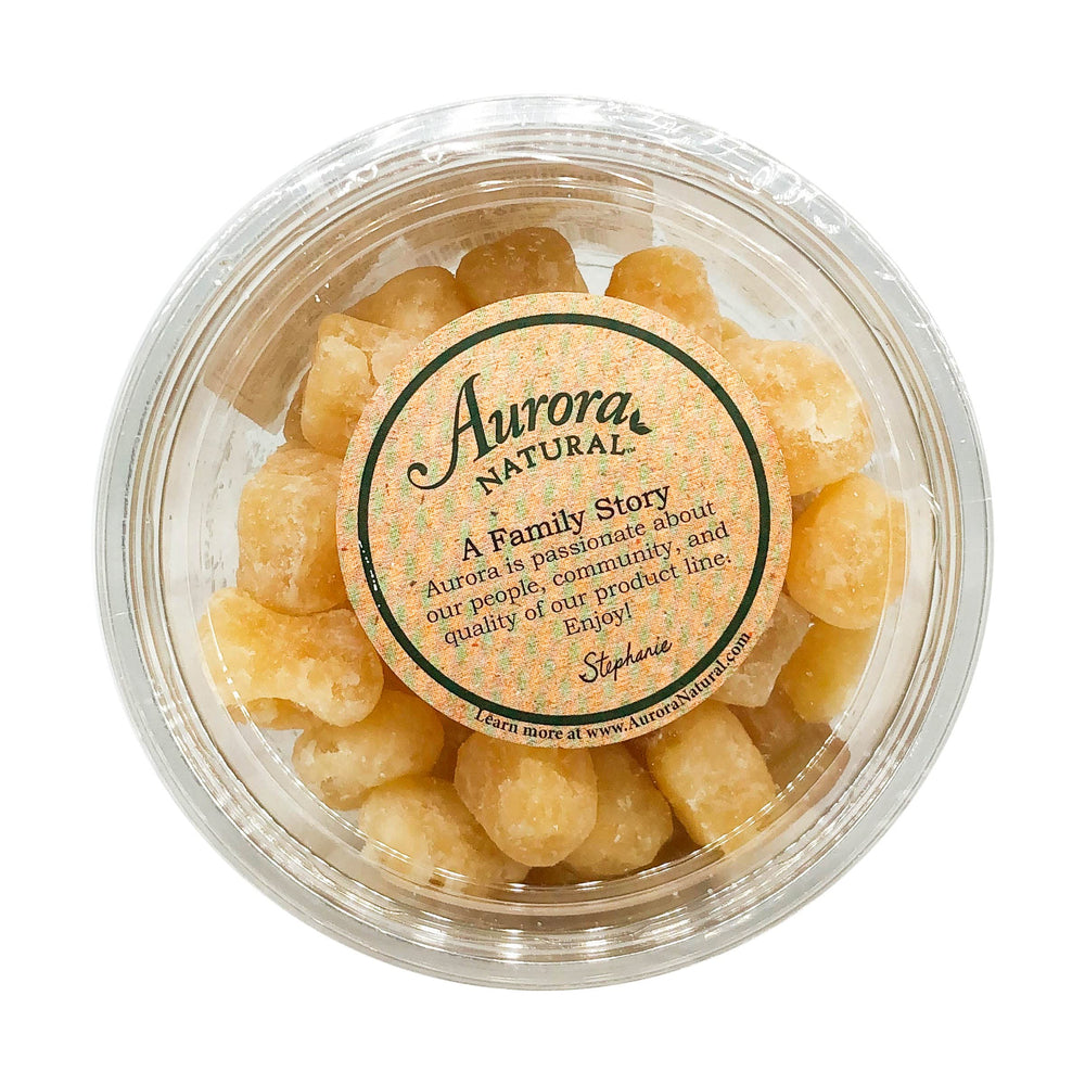 Aurora crystallized ginger bag on pantry shelf.