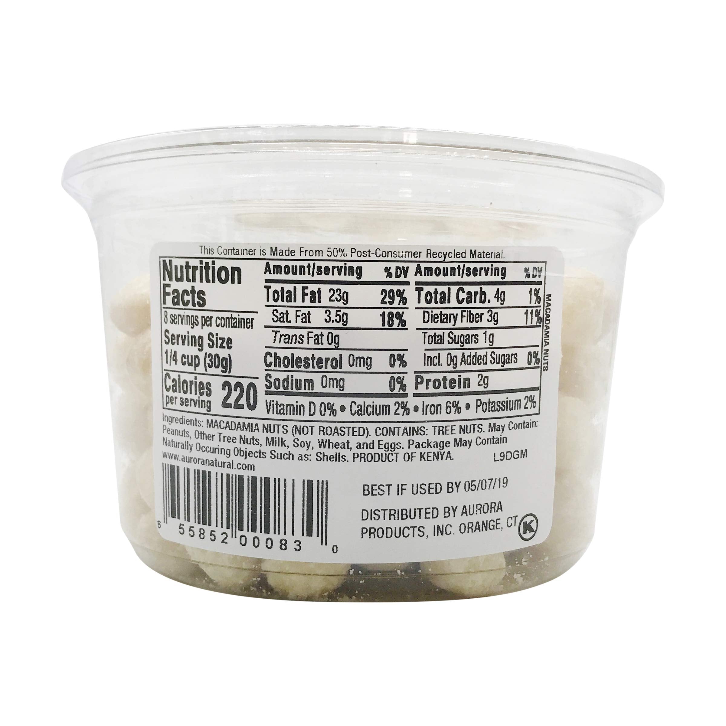 Aurora Macadamia Nuts Raw packaging, 8 oz, displayed on shelf.