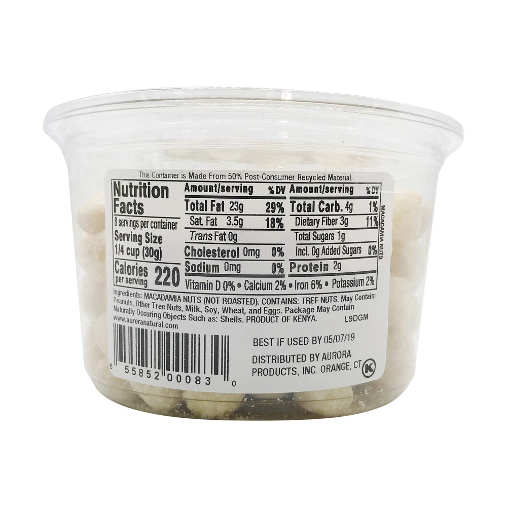 Aurora Macadamia Nuts Raw packaging, 8 oz, displayed on shelf.