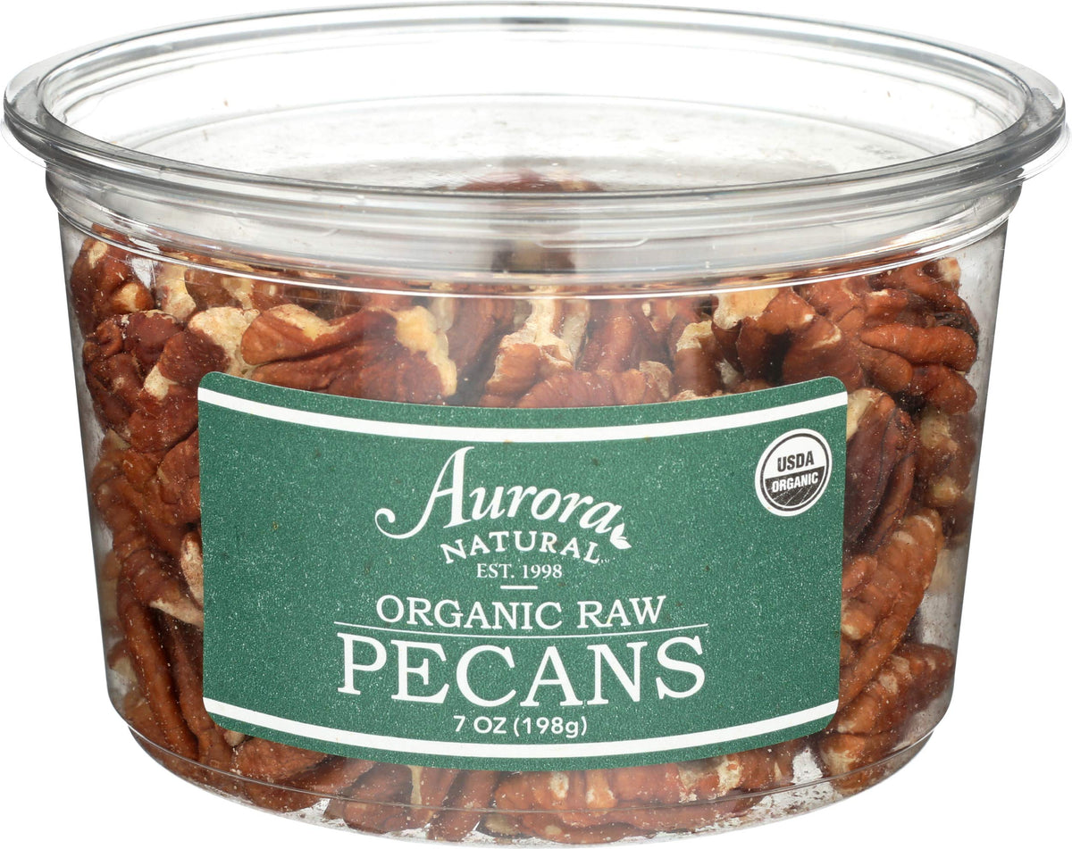 Aurora Products Organic Pecan Halves in a bowl, ideal for snacking with crunch