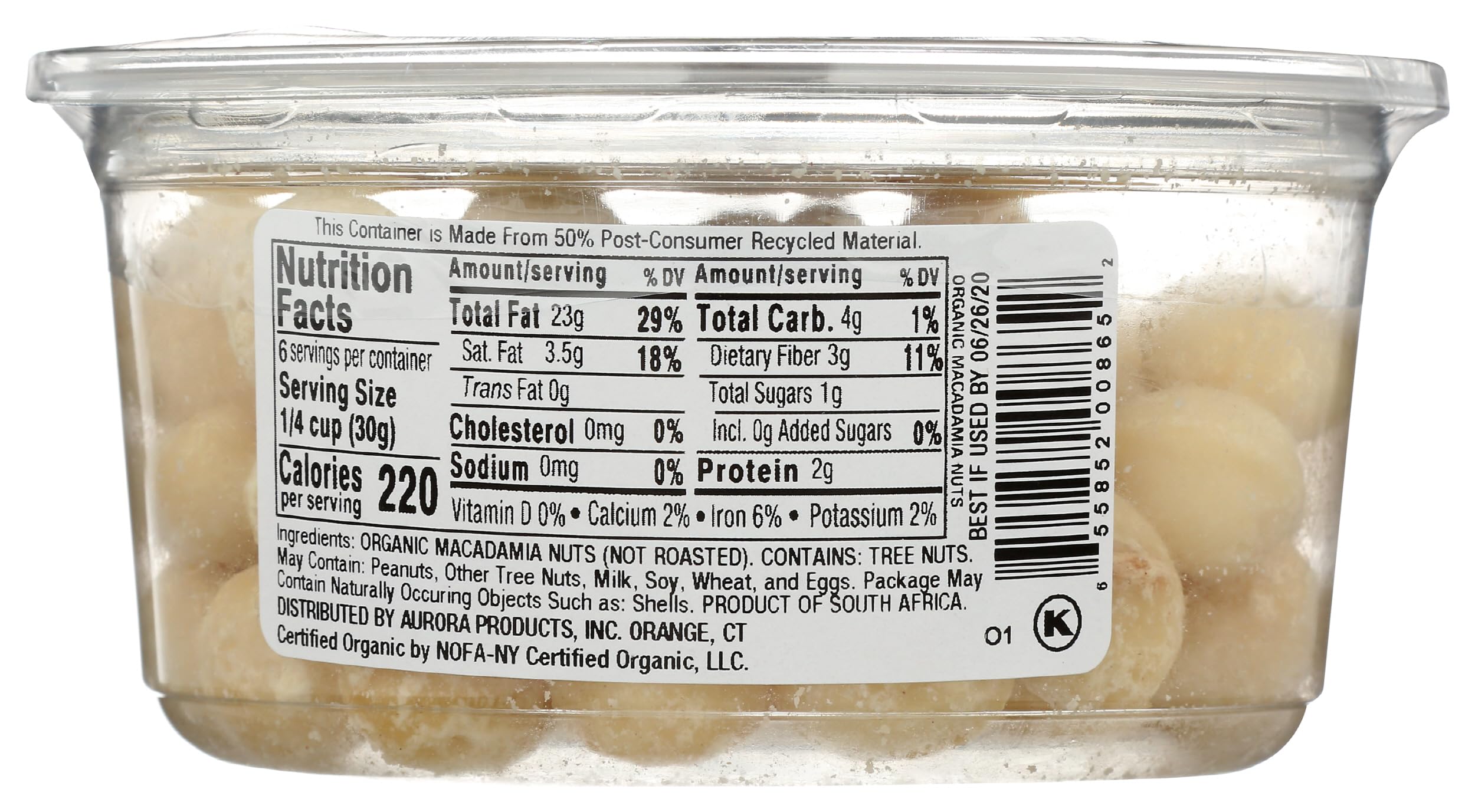 Aurora Products Organic Raw Macadamia Nuts bag and label showing organic health