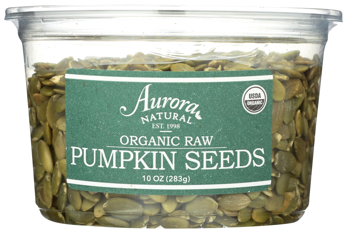 Aurora Pumpkin Seeds Raw Organic 10 oz package front, versatile snack and pantry staple.