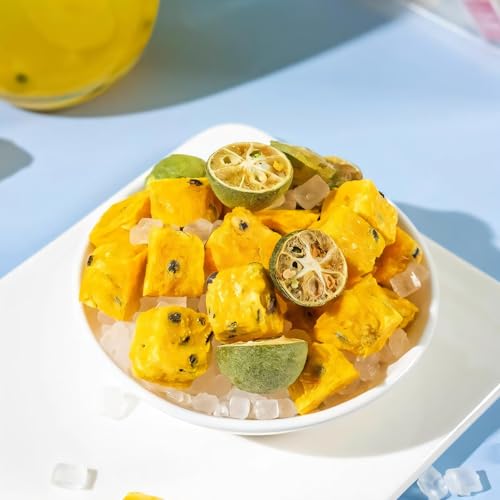 AUSPITEE tea bags close-up showing freeze-dried passion fruit for vibrant flavor.
