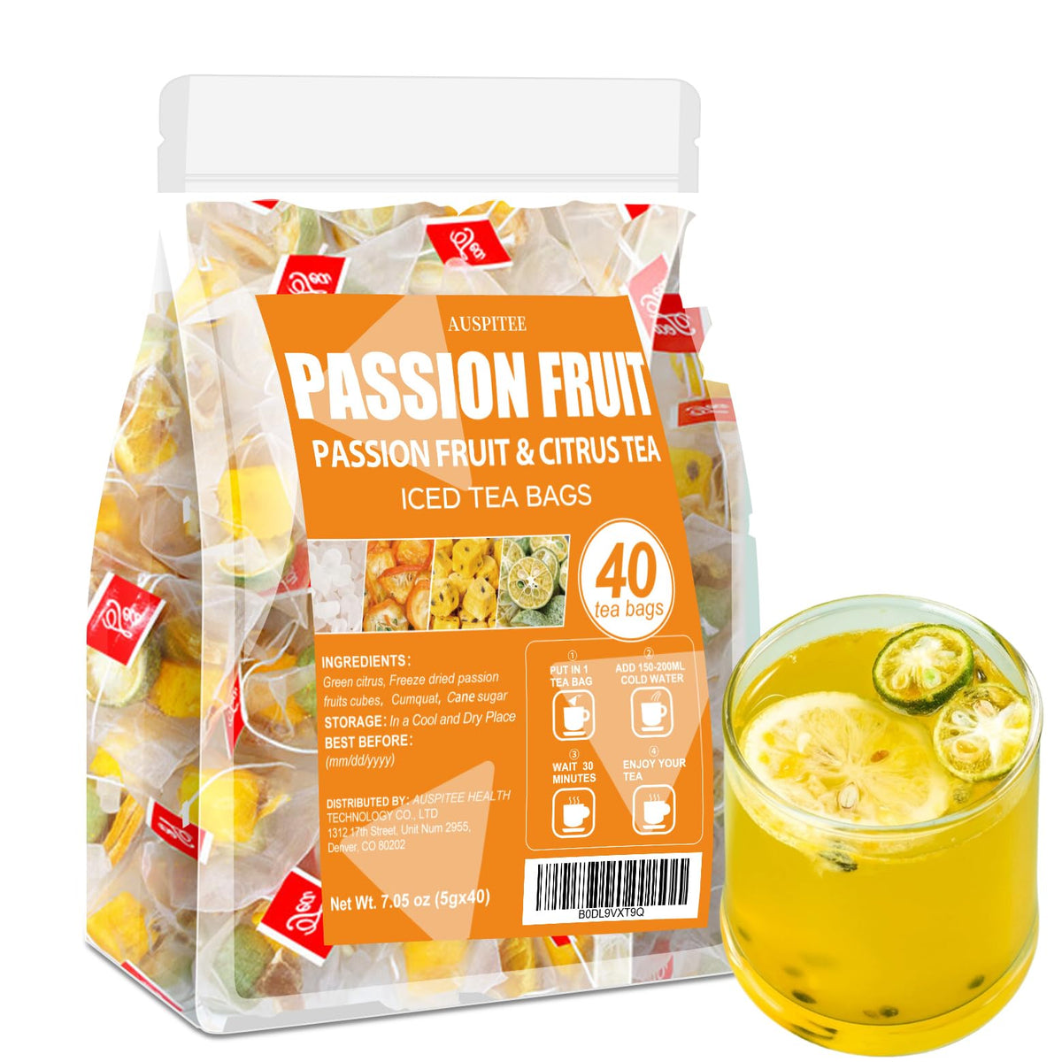 AUSPITEE passion fruit tea bags in a bright pack for fruity refreshment.