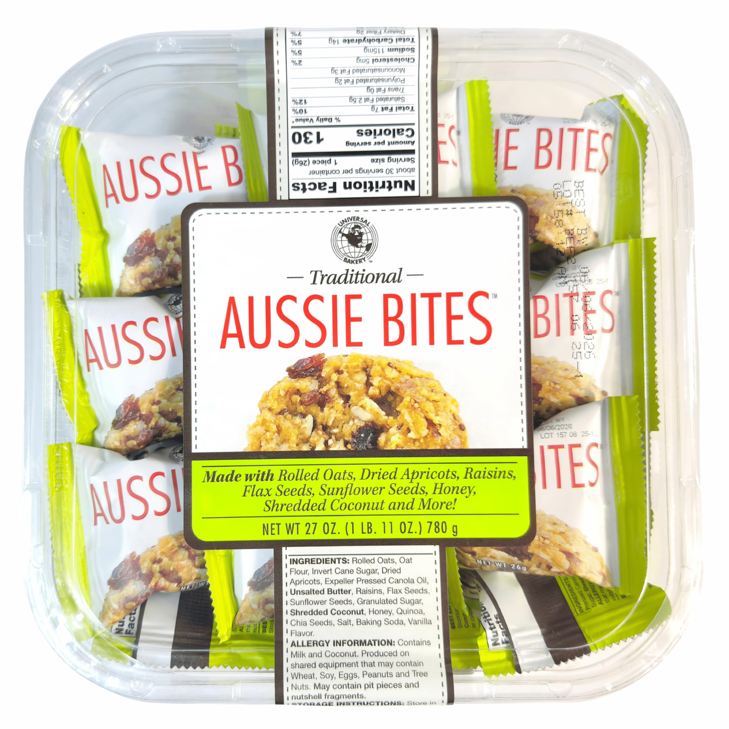 Aussie Bites traditional oat cookies in a 27 oz pack for convenient snacking.