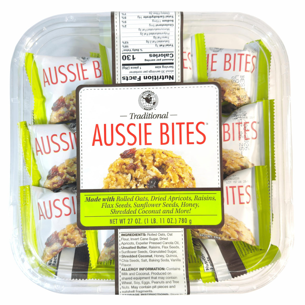 Aussie Bites traditional oat cookies in a 27 oz pack for convenient snacking.