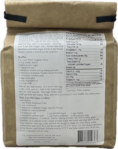 Authentic Foods sorghum flour superfine in a measuring cup for precise gluten-free mixing