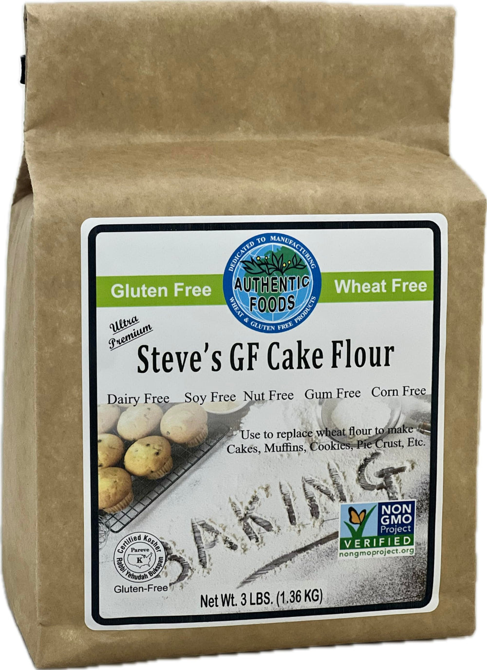 Authentic Foods Steve's gluten-free cake flour blend front package for cup-for-cup baking