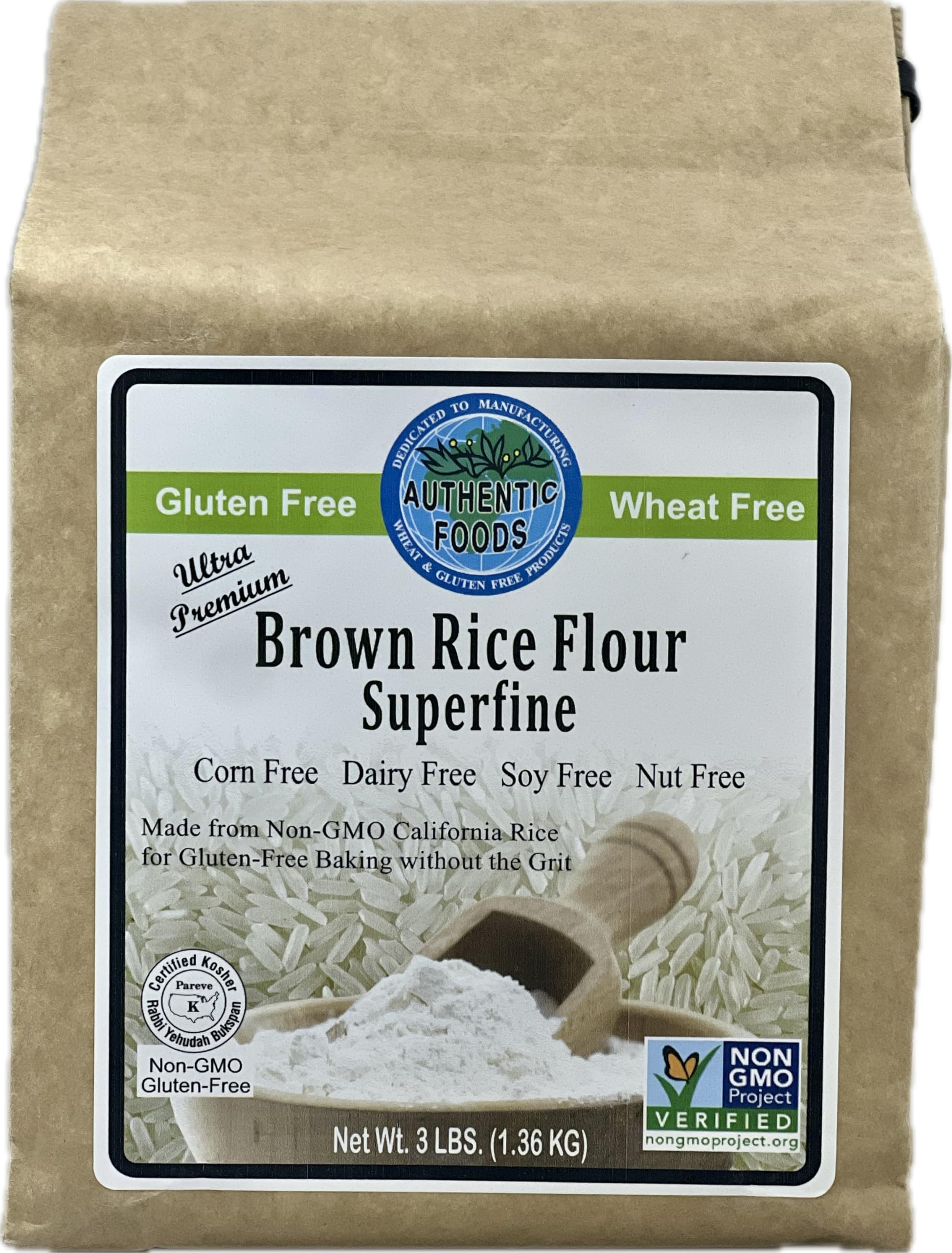 Authentic Foods superfine brown rice flour bag 3lb ideal for gluten-free baking and smooth batters.