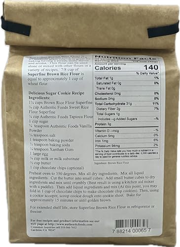 Authentic Foods superfine brown rice flour on counter ready for tender, non-gritty baked goods.