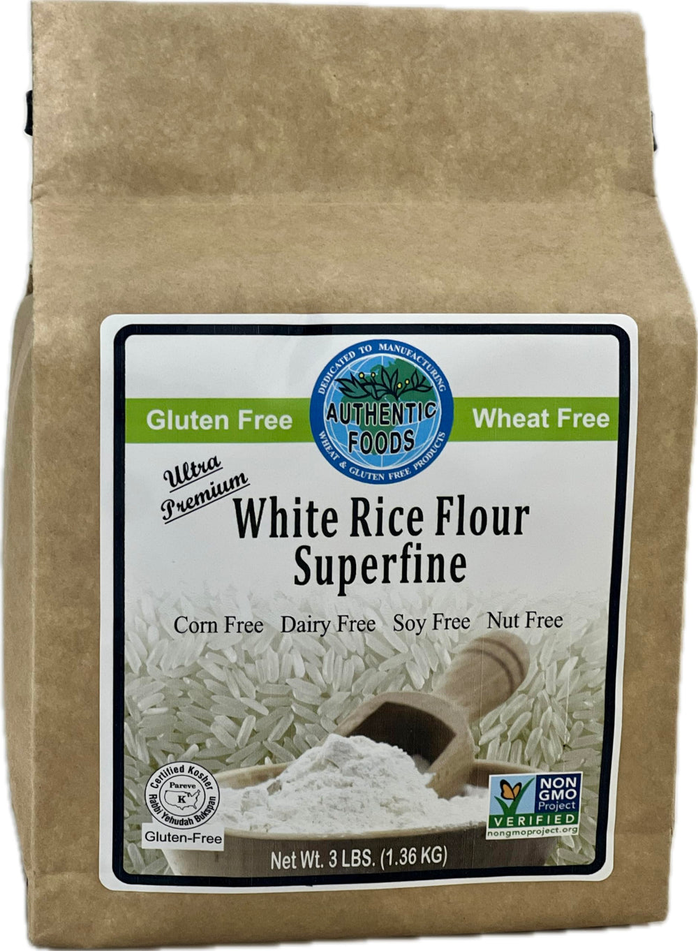 Authentic Foods superfine white rice flour bag close-up, highlighting gluten-free baking versatility.