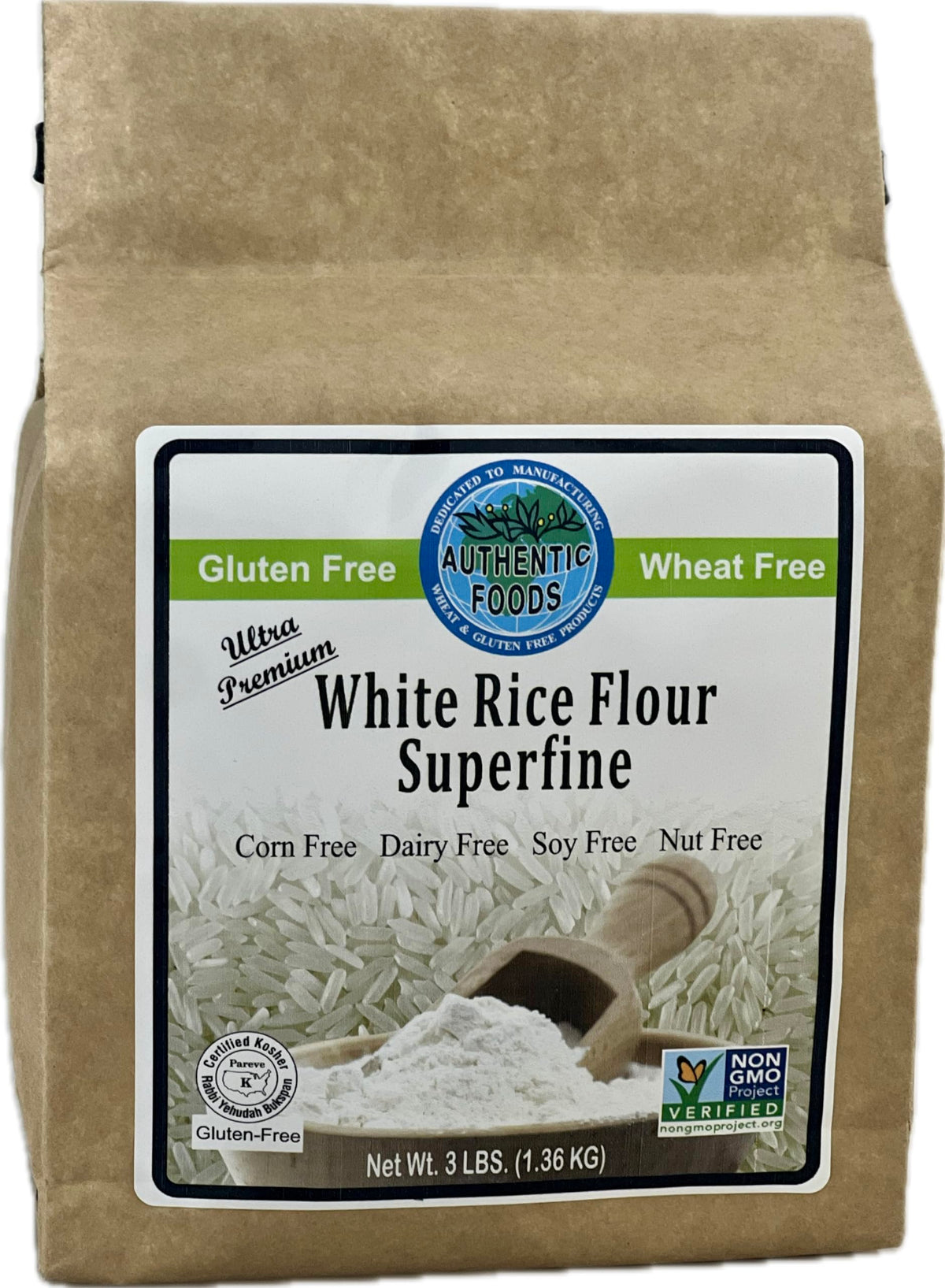 Authentic Foods superfine white rice flour bag close-up, highlighting gluten-free baking versatility.