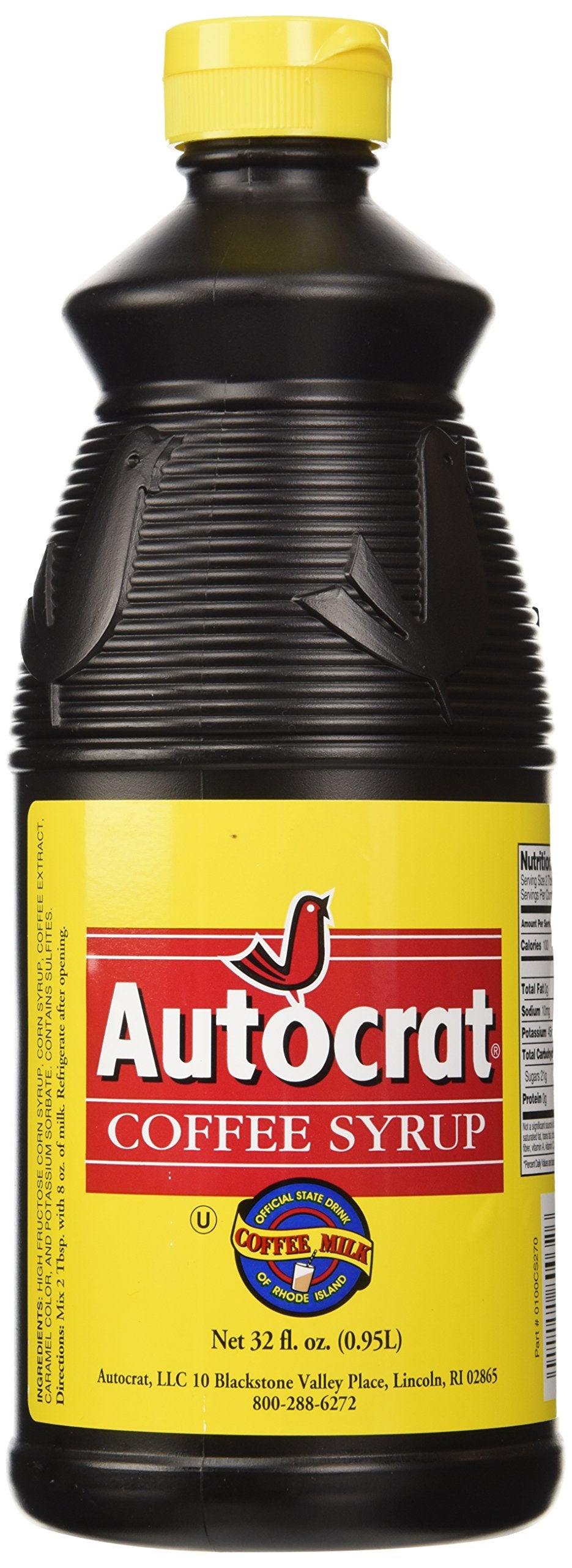 Autocrat Coffee Syrup 32oz bottle front view for authentic coffee milk flavor.