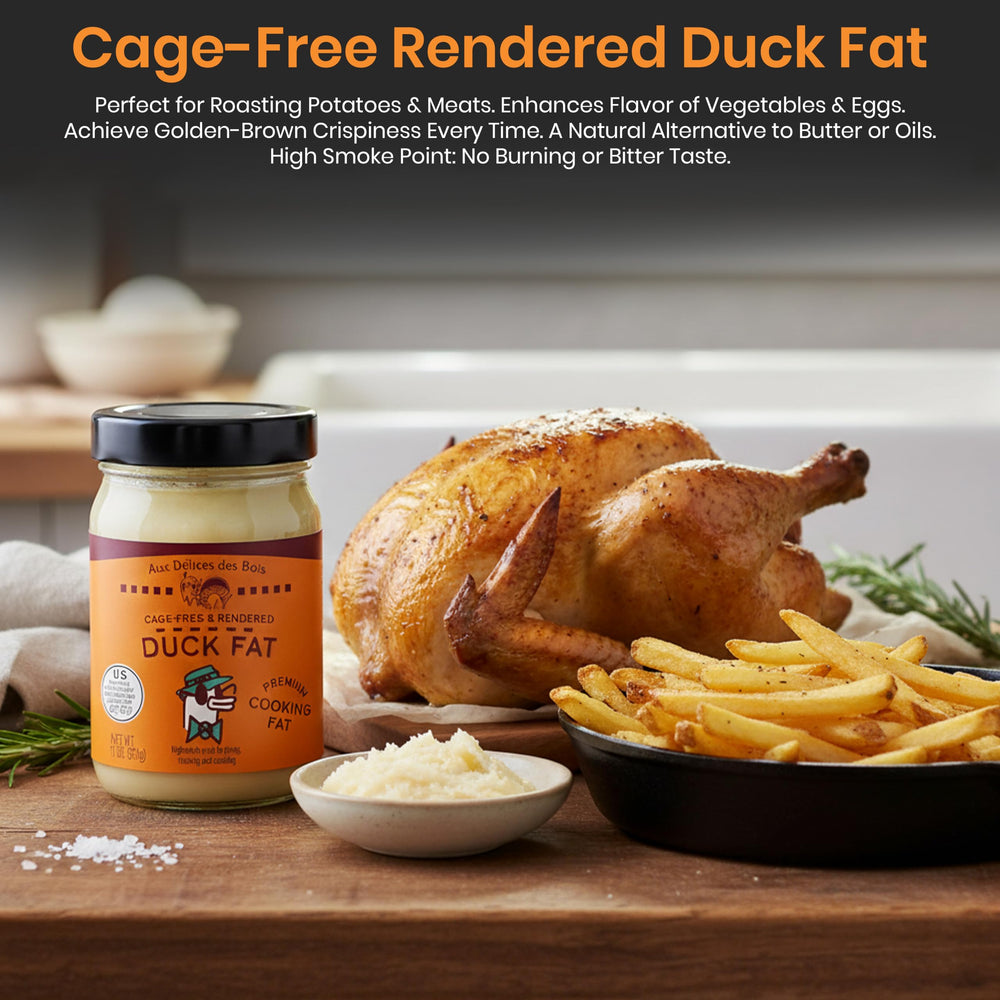 AUX DELICES DES BOIS duck fat jar perfect for sautéing vegetables and proteins.
