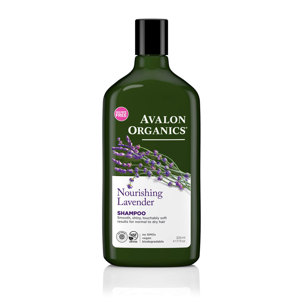 Avalon Organics Nourishing Lavender Shampoo bottle shows gentle cleansing for hydration.