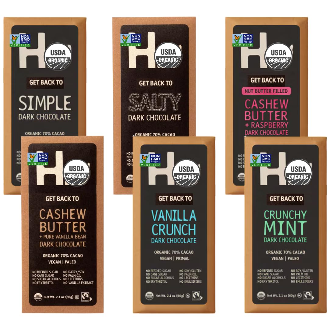 Avama dark chocolate variety pack with six 2.1 oz bars, vegan and gluten-free for on-the-go snacking.