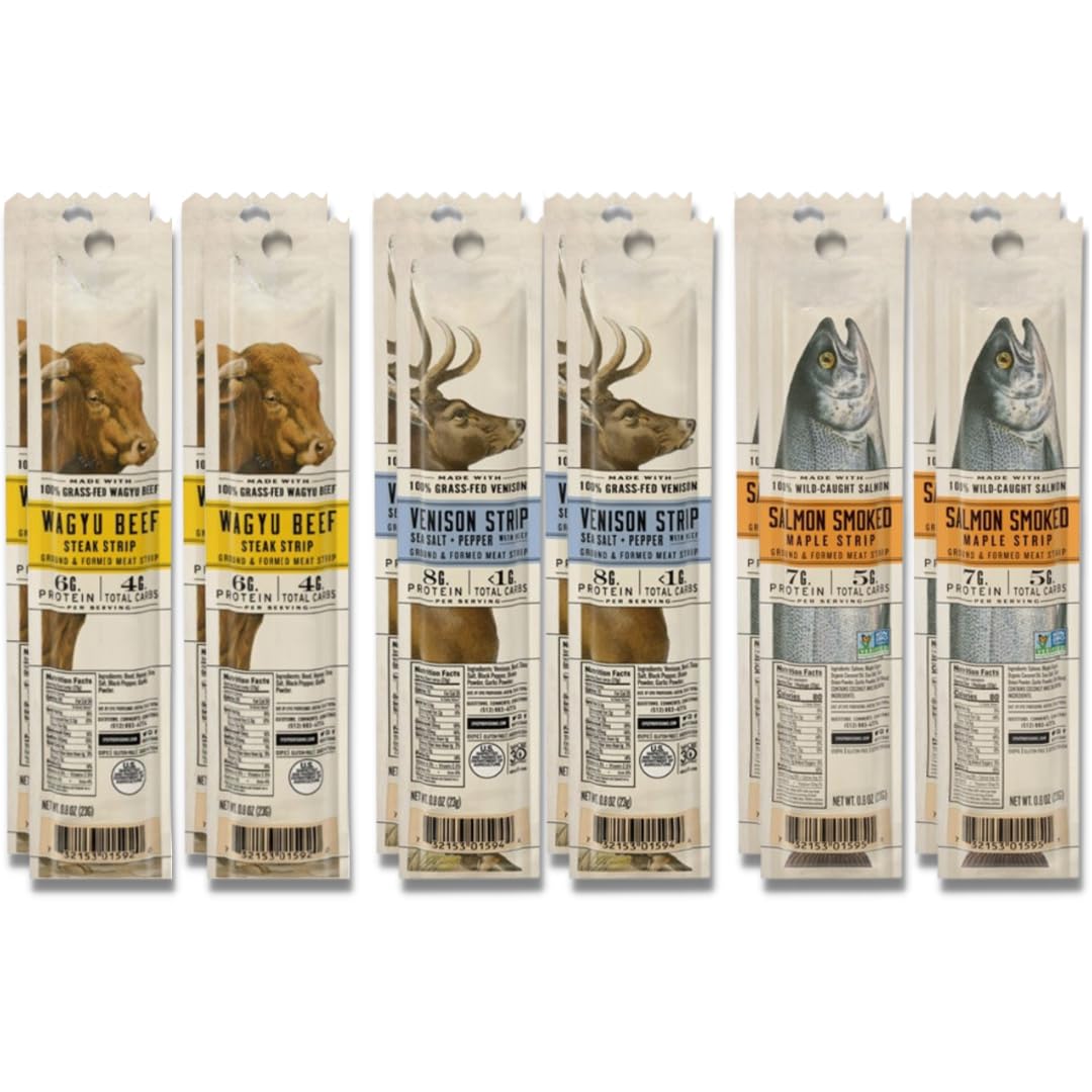 Avama variety pack meat snack strips featuring Wagyu beef, salmon and venison for convenient, on-the-go snacking.