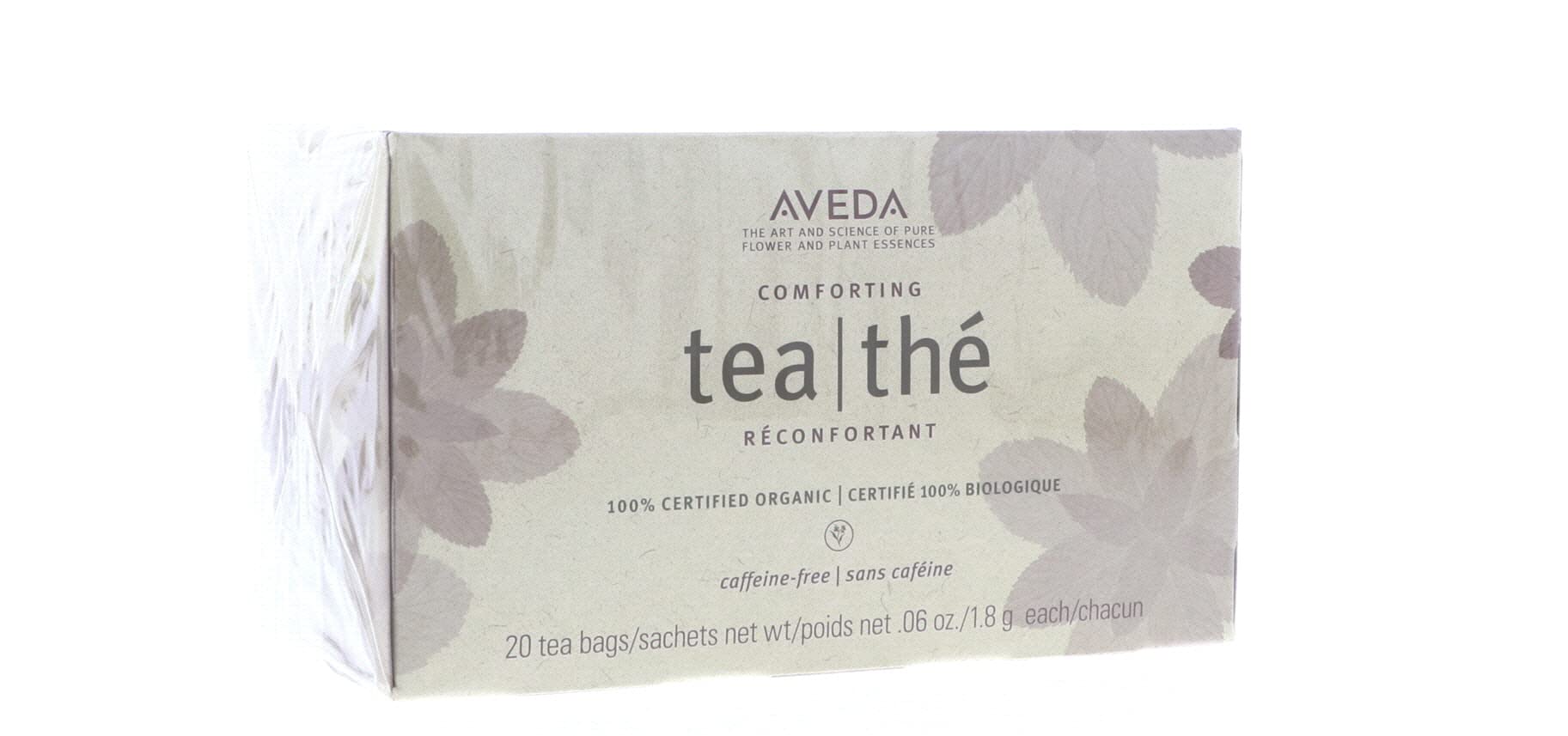 Aveda Comforting Tea Bags brew setup shows ready-to-enjoy caffeine-free tea.