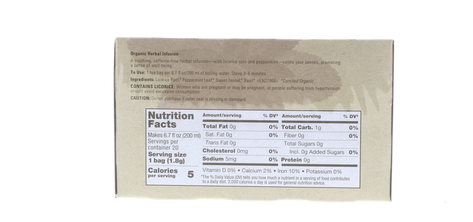 Aveda Comforting Tea Bags label closeup emphasizes 100% certified organic ingredients for pure flavor.