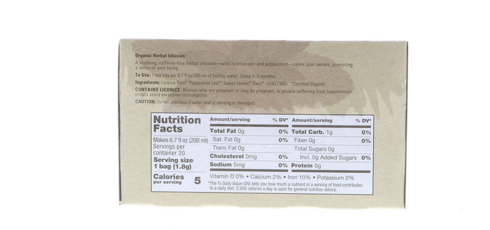 Aveda Comforting Tea Bags label closeup emphasizes 100% certified organic ingredients for pure flavor.