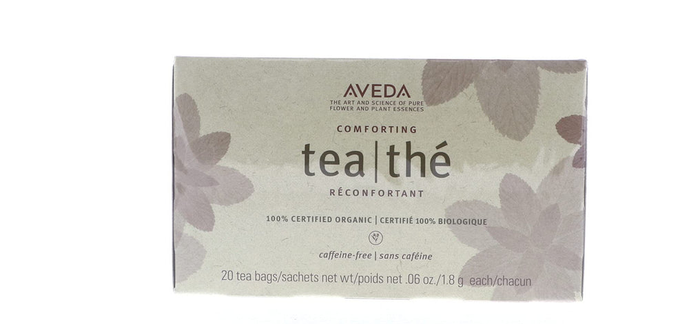 Aveda Comforting Tea Bags pack shot highlight an organic, caffeine-free blend for calm evenings.