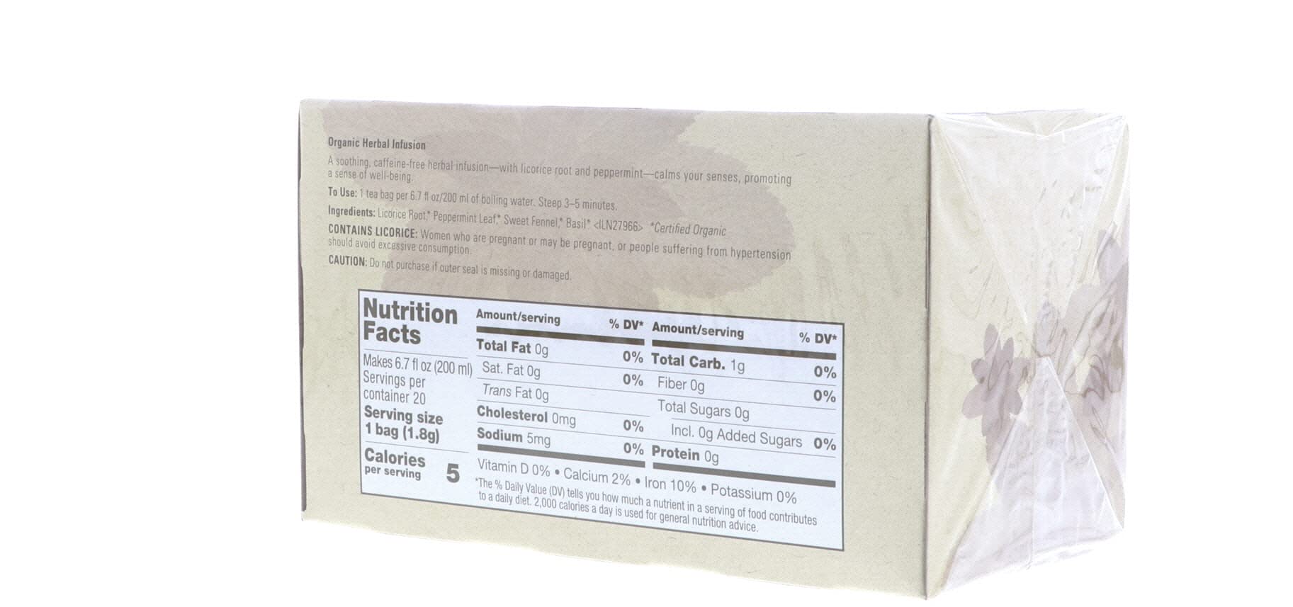 Aveda Comforting Tea Bags packaging detail underlines sustainable, organic sourcing.