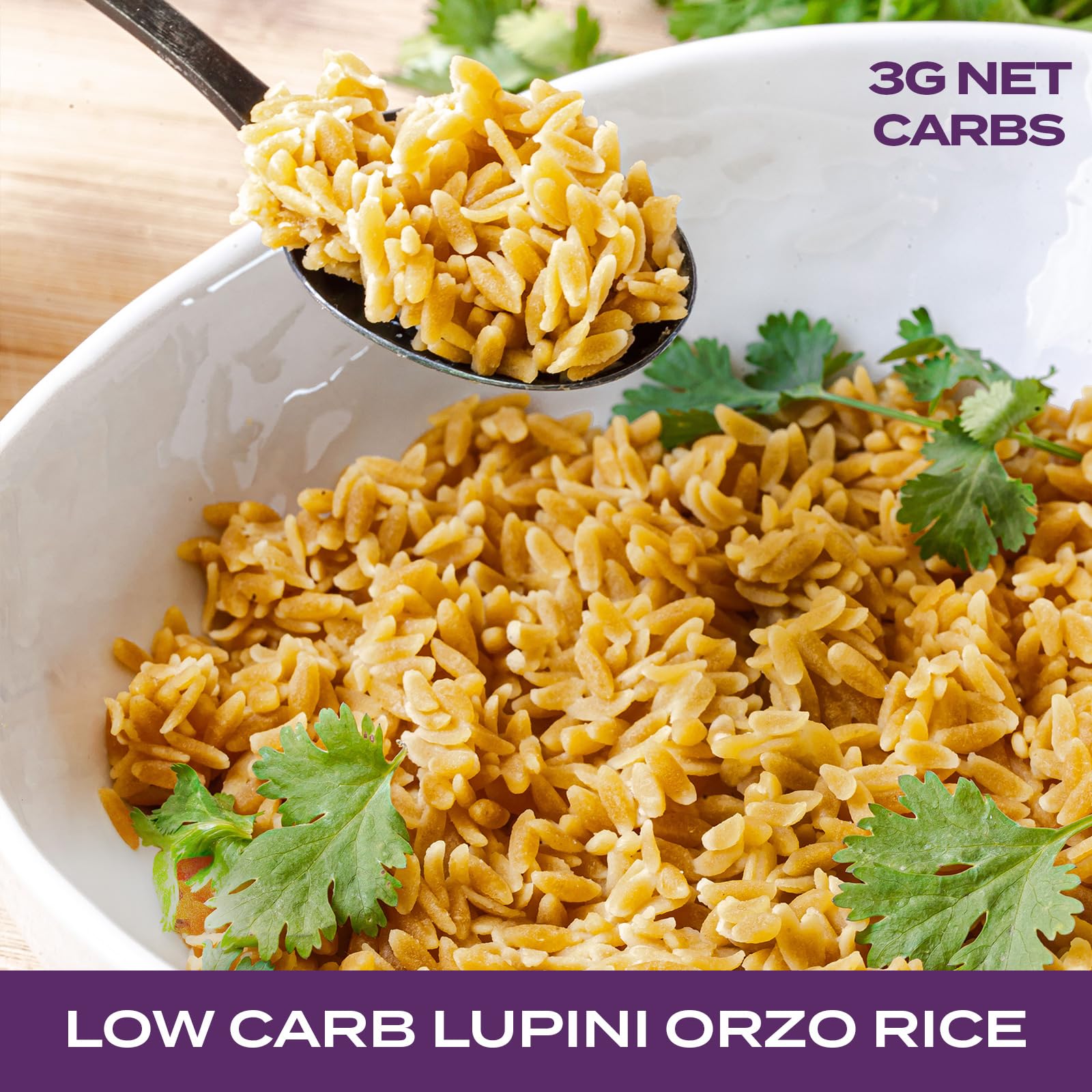 Aviate Lupini flour closeup emphasizes high protein per serving for plant-based diets.