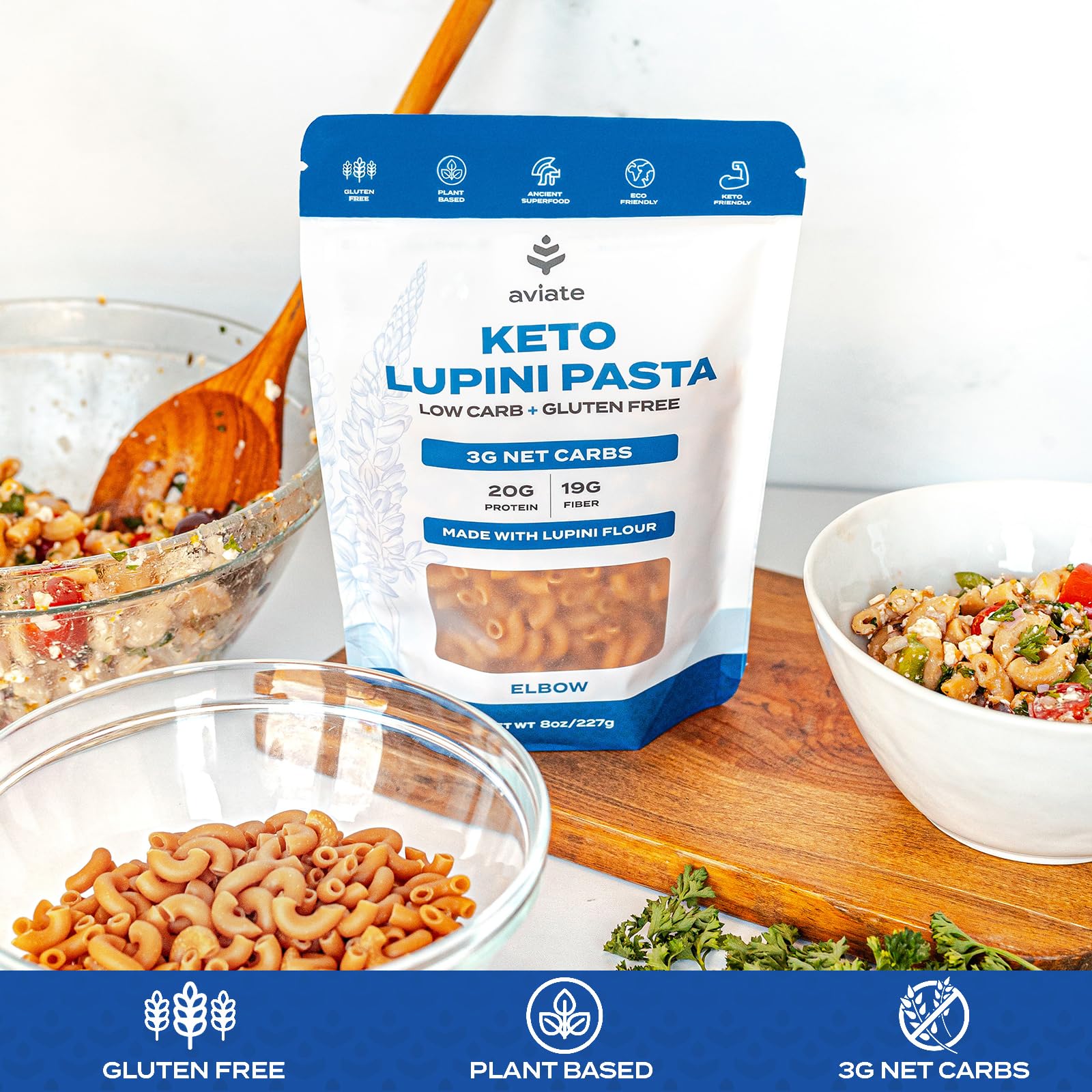 Aviate plant-based vegan pasta served with herbs