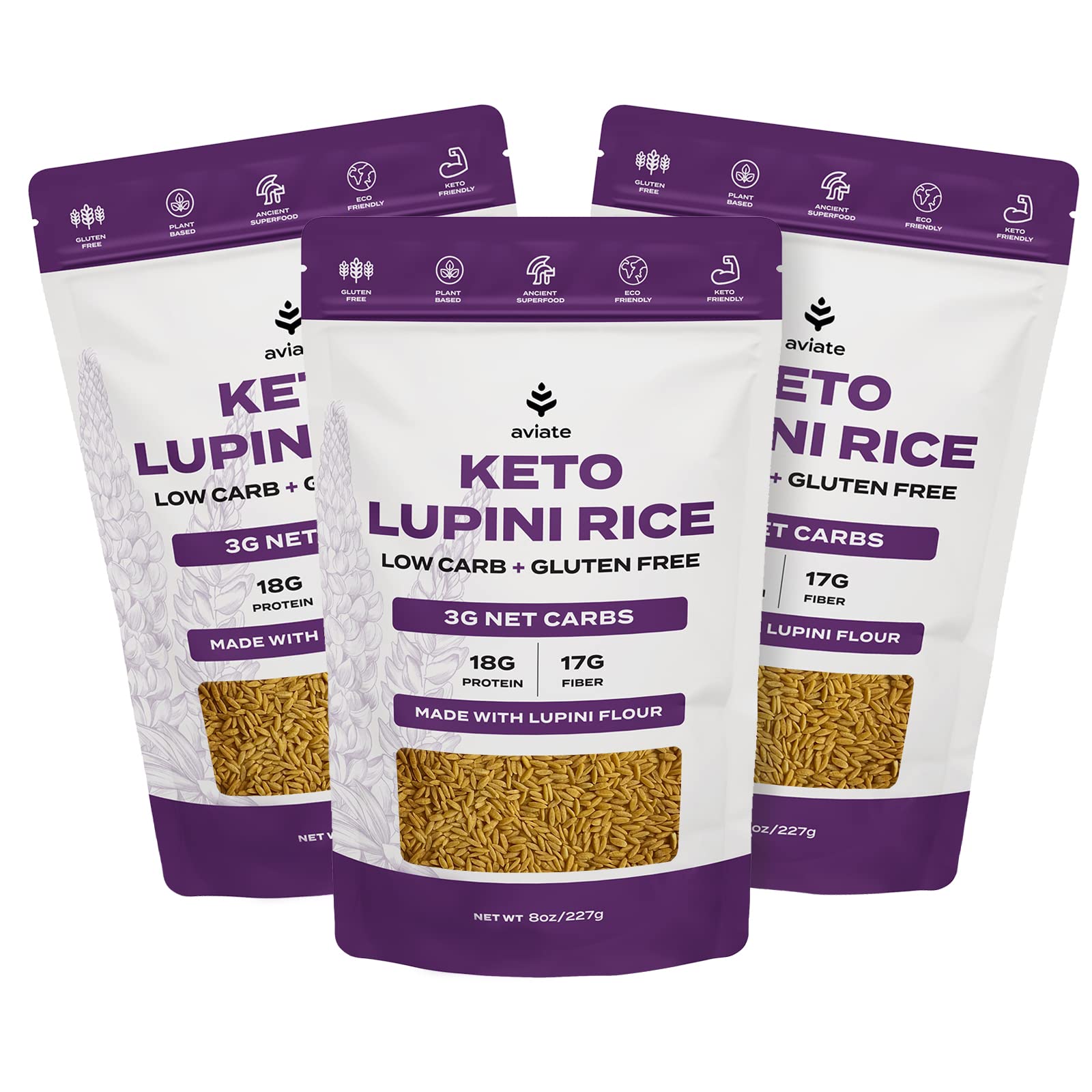 Aviate Keto Rice Orzo pack shows three bags for convenient keto meal prep.